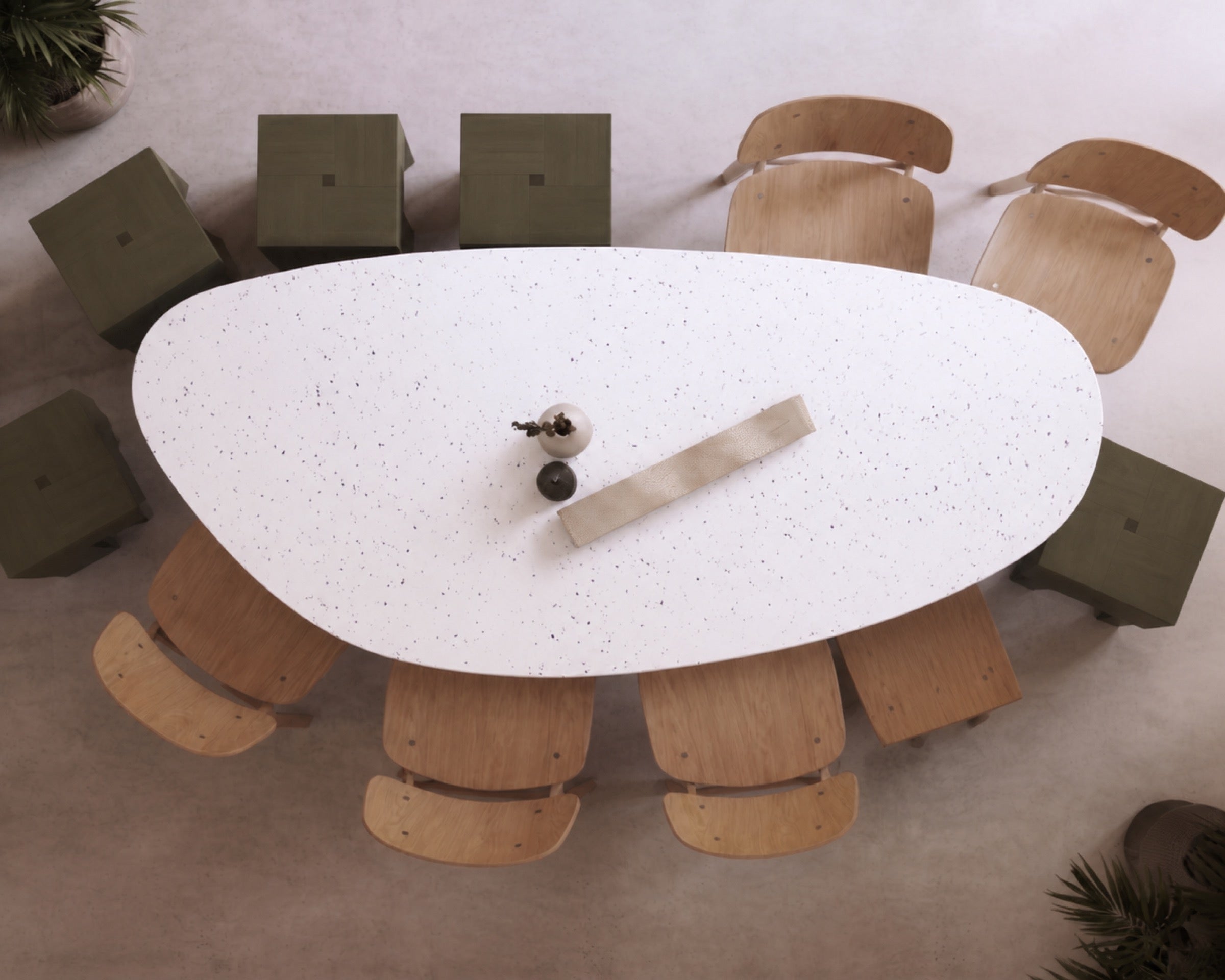 Mesa Orquídea orgânica vista de cima em ambiente de reunião